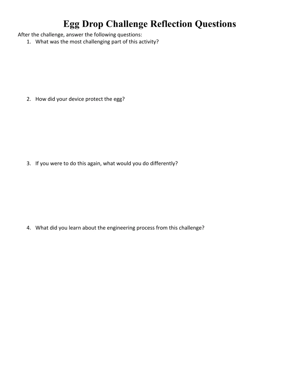 Reflection questions: students write about the hardest part, how their device protected the egg and what they would change