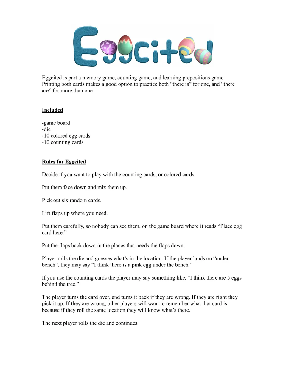 Eggcited rules and contents list: players roll a die and guess the hidden egg card using prepositions like under the bench