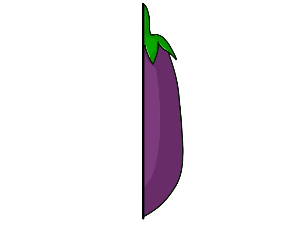 Eggplant cut-out piece: right half of a purple eggplant with green stem, cut out to form the foldable's front flap