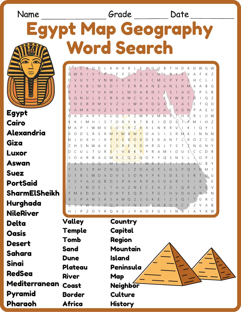 Color Egypt geography word search: students find 40 words like Cairo, Nile River, Sinai and Sahara over a map of Egypt