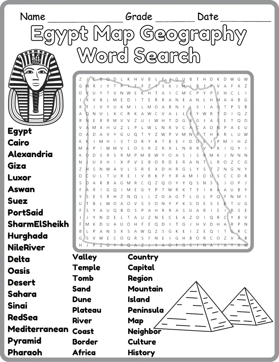 Black-and-white Egypt word search: students hunt for place names and landform terms such as Delta, Plateau and Red Sea