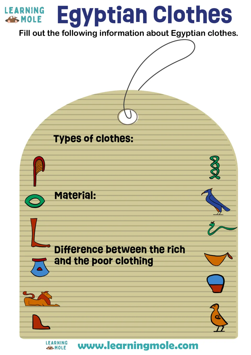Ancient Egyptian clothes: students write the types of clothes, materials used and how rich and poor people dressed