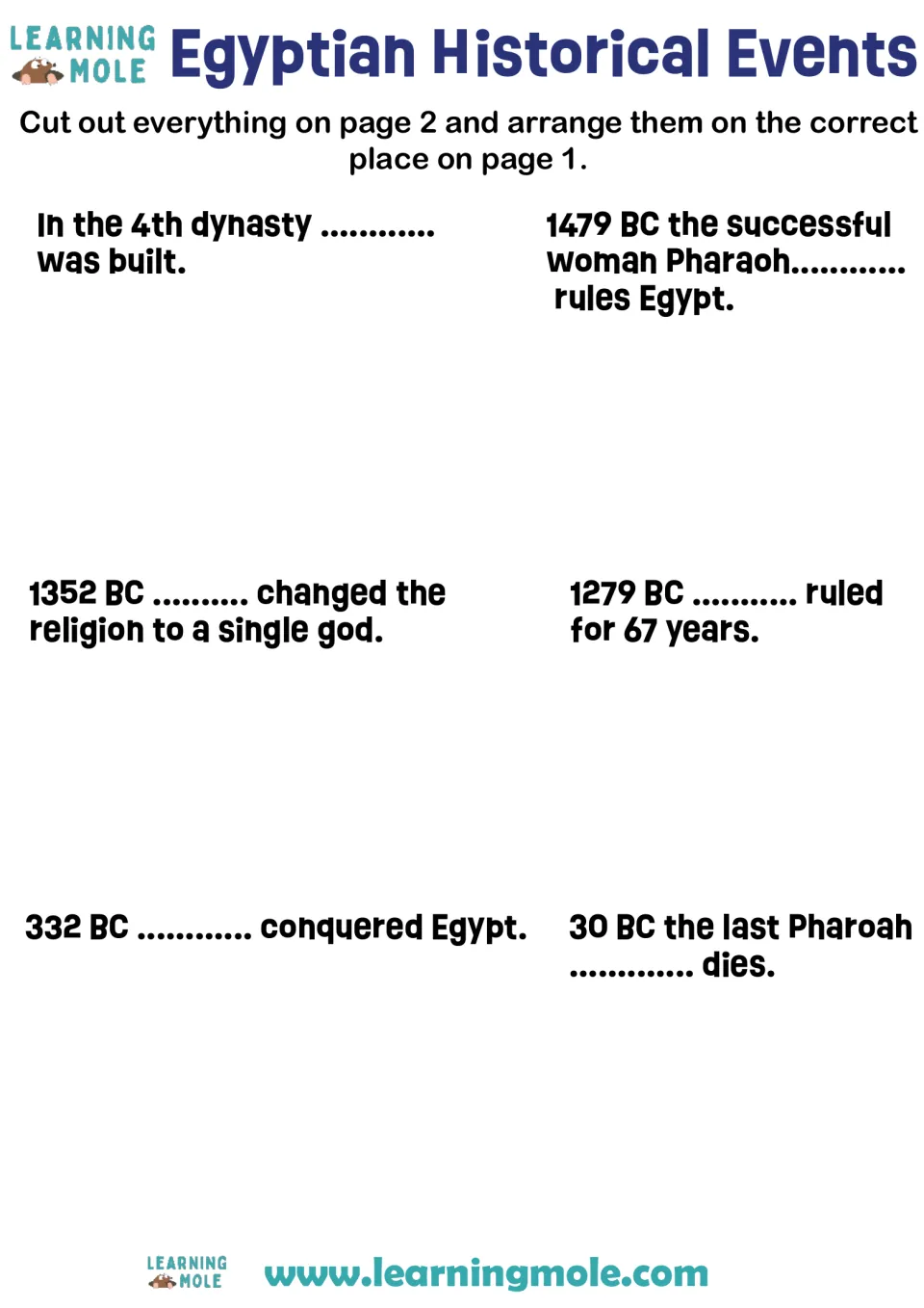 Ancient Egypt events from the 4th dynasty to 30 BC: students match each dated clue to the ruler or pyramids it names