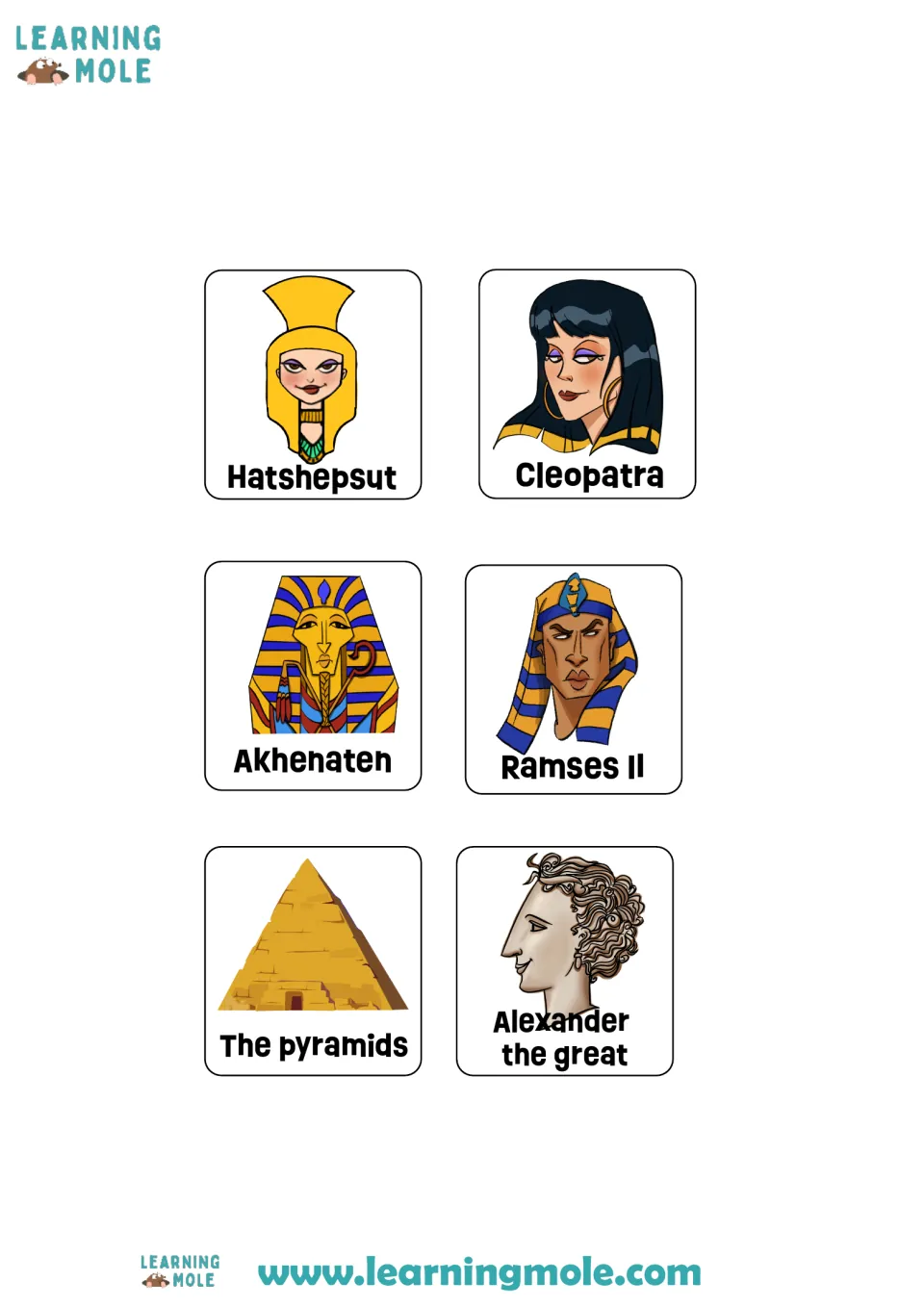 Six picture cards to cut out: Hatshepsut, Cleopatra, Akhenaten, Ramses II, the pyramids and Alexander the Great