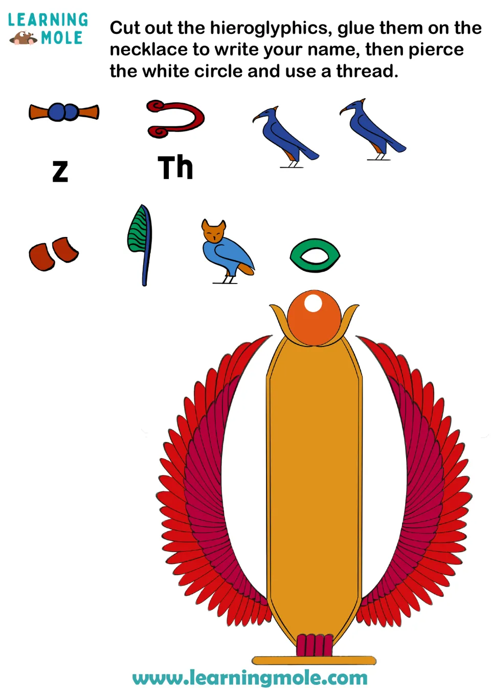 Winged pendant craft: students cut out hieroglyphs, including Z and Th, glue them on to spell their name, then thread it