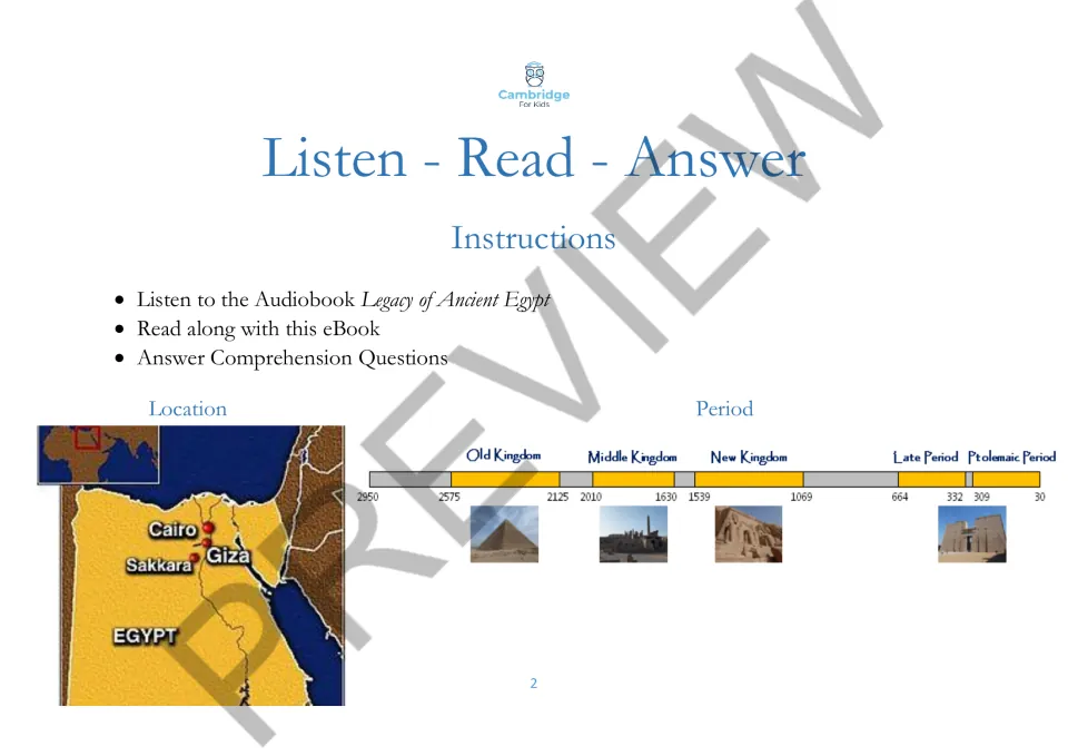 Listening and reading instructions for the episode, with a map of Egypt and a timeline of historical periods