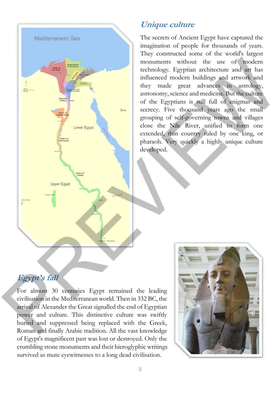 Reading passage on Egypt's unique culture and fall, with a map of Nile settlements and a pharaoh statue
