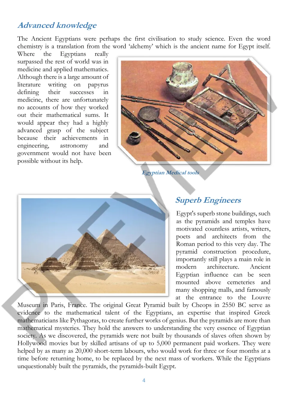 Reading passage on Egyptian science, medicine, math, and pyramid engineering, illustrated with tools and pyramids