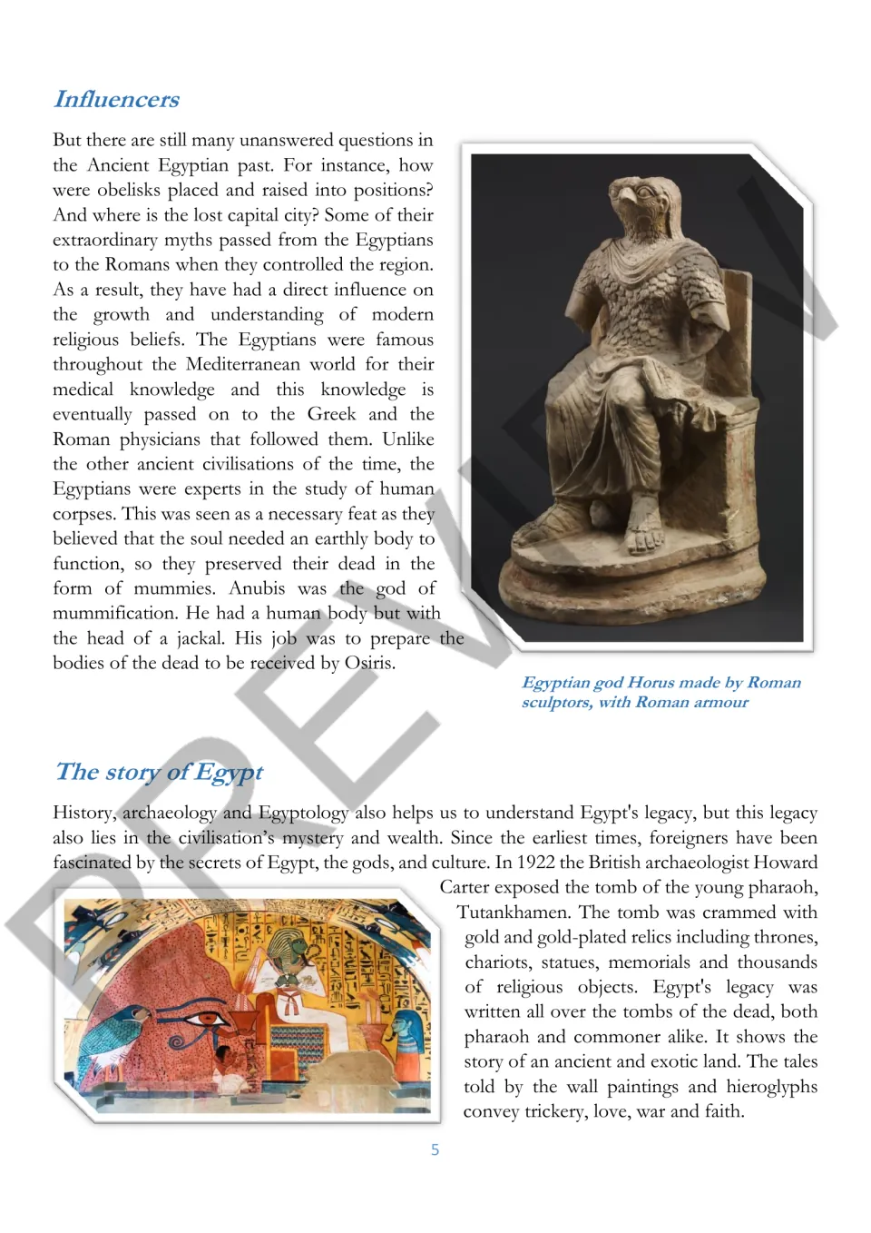 Reading passage on Egyptian influence, mummification, Anubis, and Howard Carter's discovery of Tutankhamen's tomb