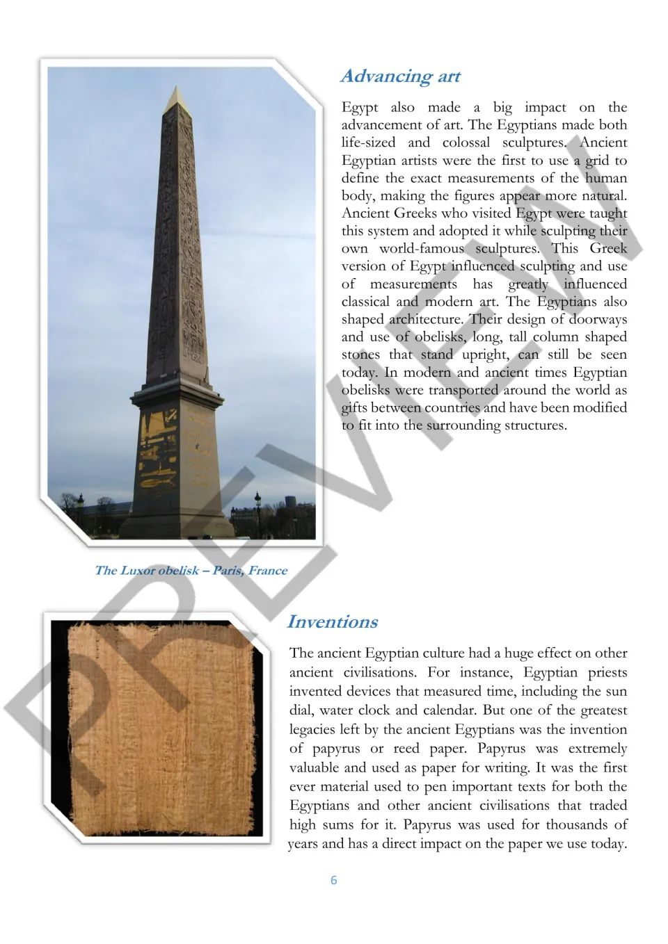 Reading passage on Egyptian art and inventions, including sculpture, obelisks, timekeeping devices, and papyrus