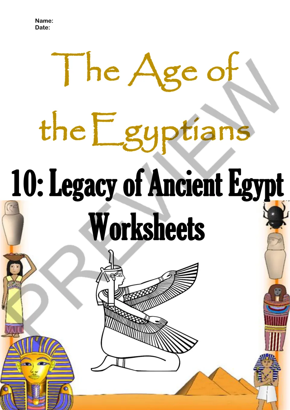 Worksheet section cover for Episode 10 on ancient Egypt's legacy, with spaces for the student's name and date