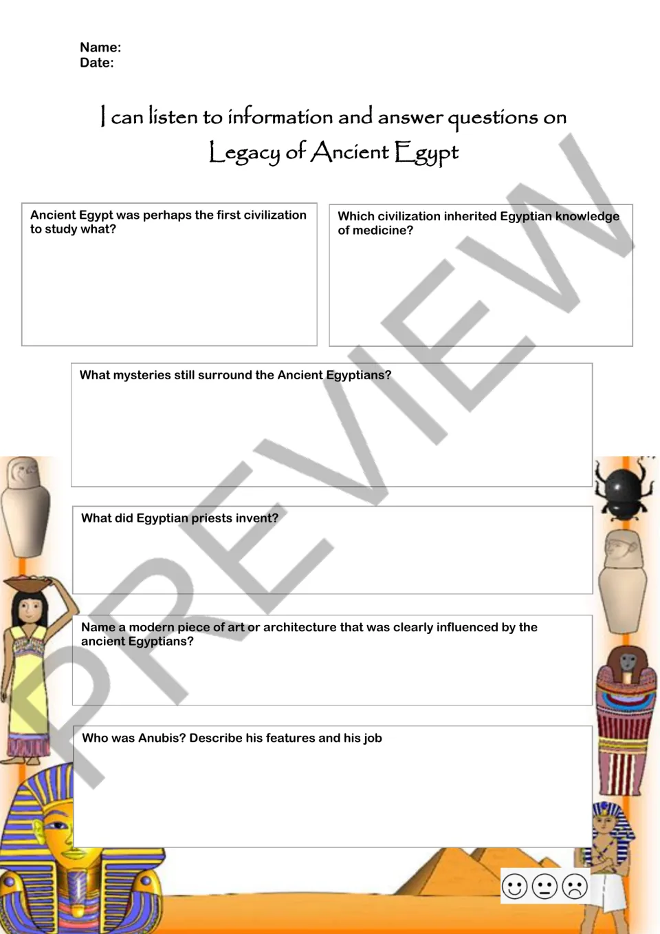 Six comprehension questions on Egyptian science, medicine, mysteries, inventions, modern influence, and Anubis