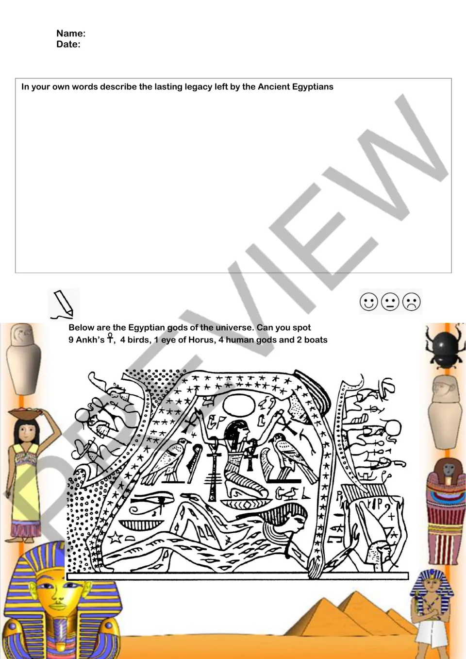 Written summary of Egypt's legacy and a search for ankhs, birds, the eye of Horus, gods, and boats in an illustration