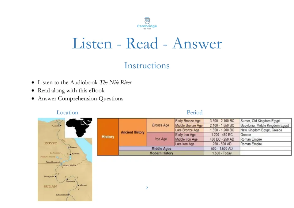 eBook instructions to listen, read along, and answer comprehension questions, with a map and history timeline