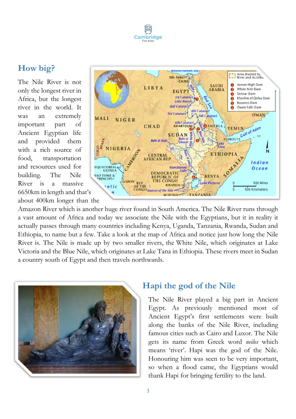 Reading page on the Nile's length, the White and Blue Nile, and Hapi, with a river map and statue