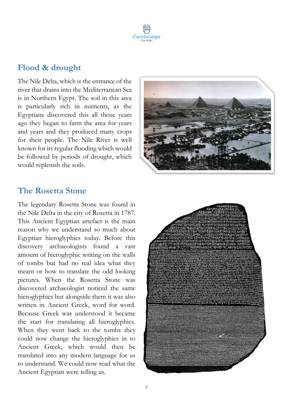 Reading page on Nile flooding, fertile delta soil, and the Rosetta Stone's role in decoding hieroglyphics