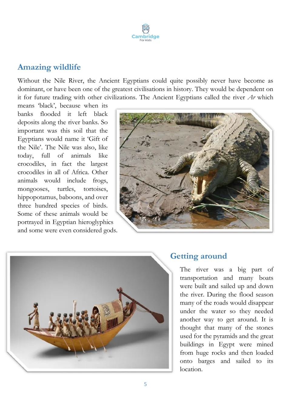 Reading page on Nile wildlife and boat transportation, including a crocodile photo and an Egyptian boat model