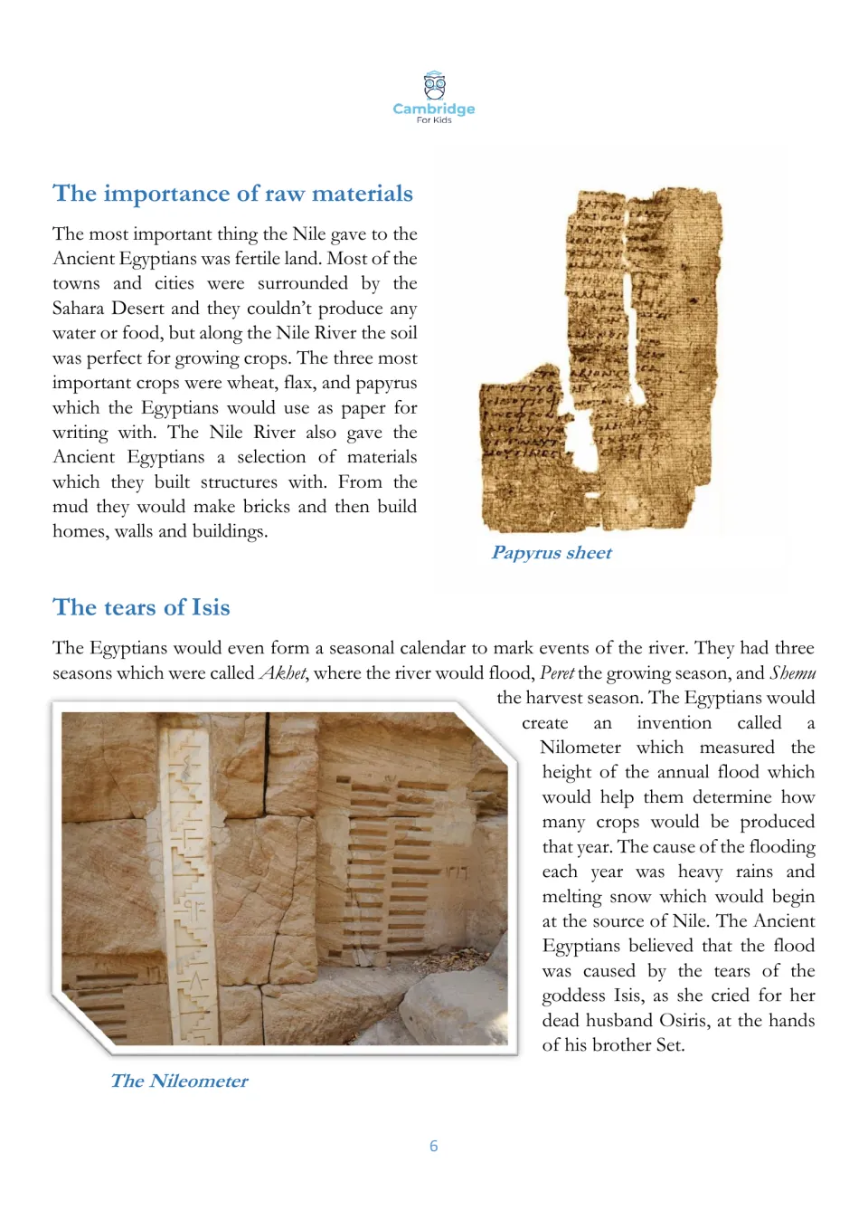Reading page on Nile crops, mud bricks, three farming seasons, the Nilometer, and the myth of Isis's tears