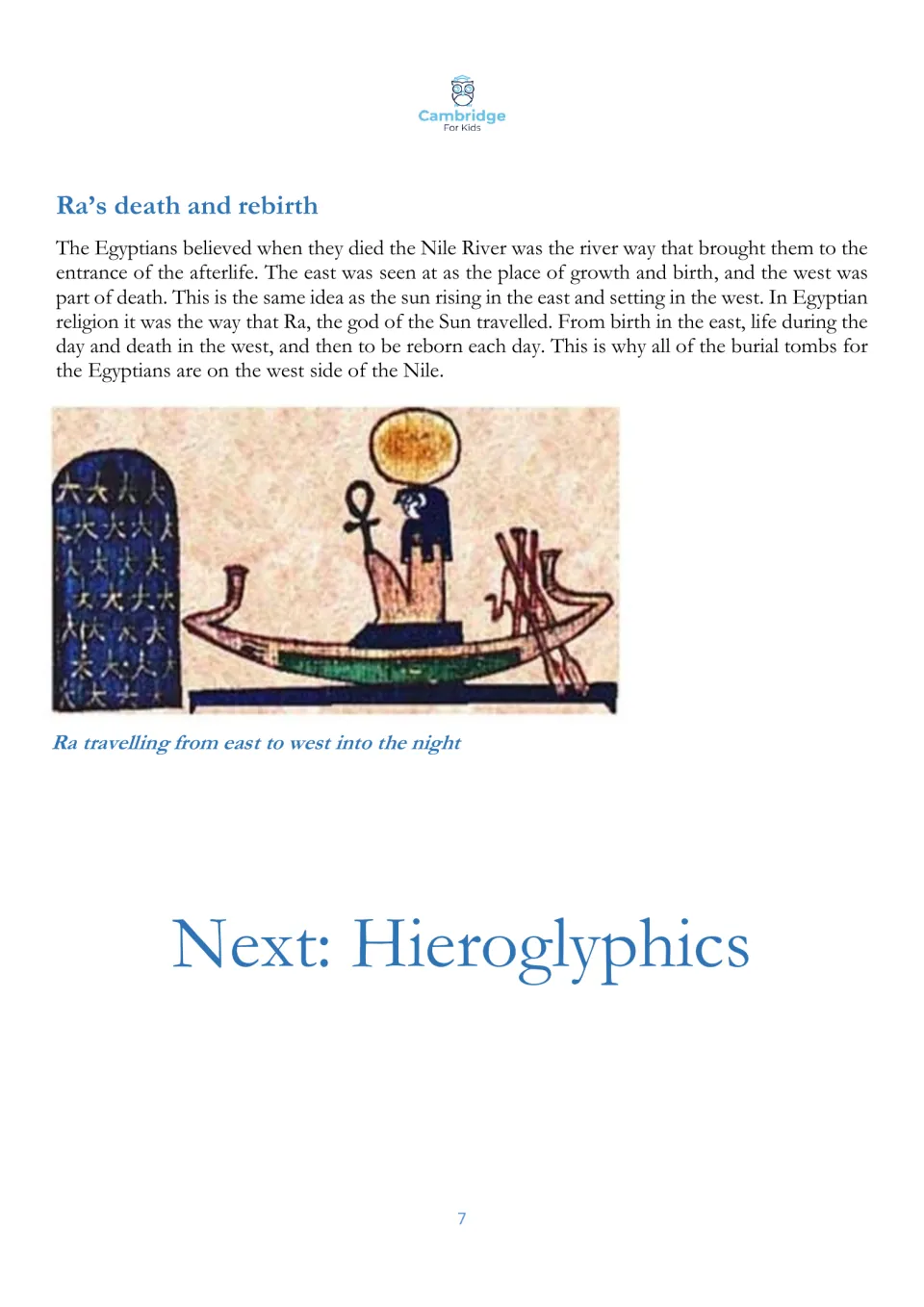 Final reading page explains Ra's daily rebirth and Egyptian beliefs linking the Nile and west bank to death