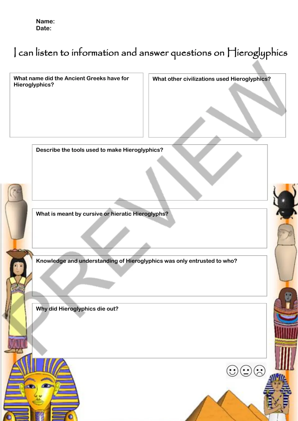 Six comprehension questions about hieroglyphics: Greek naming, other civilizations, tools, and three more