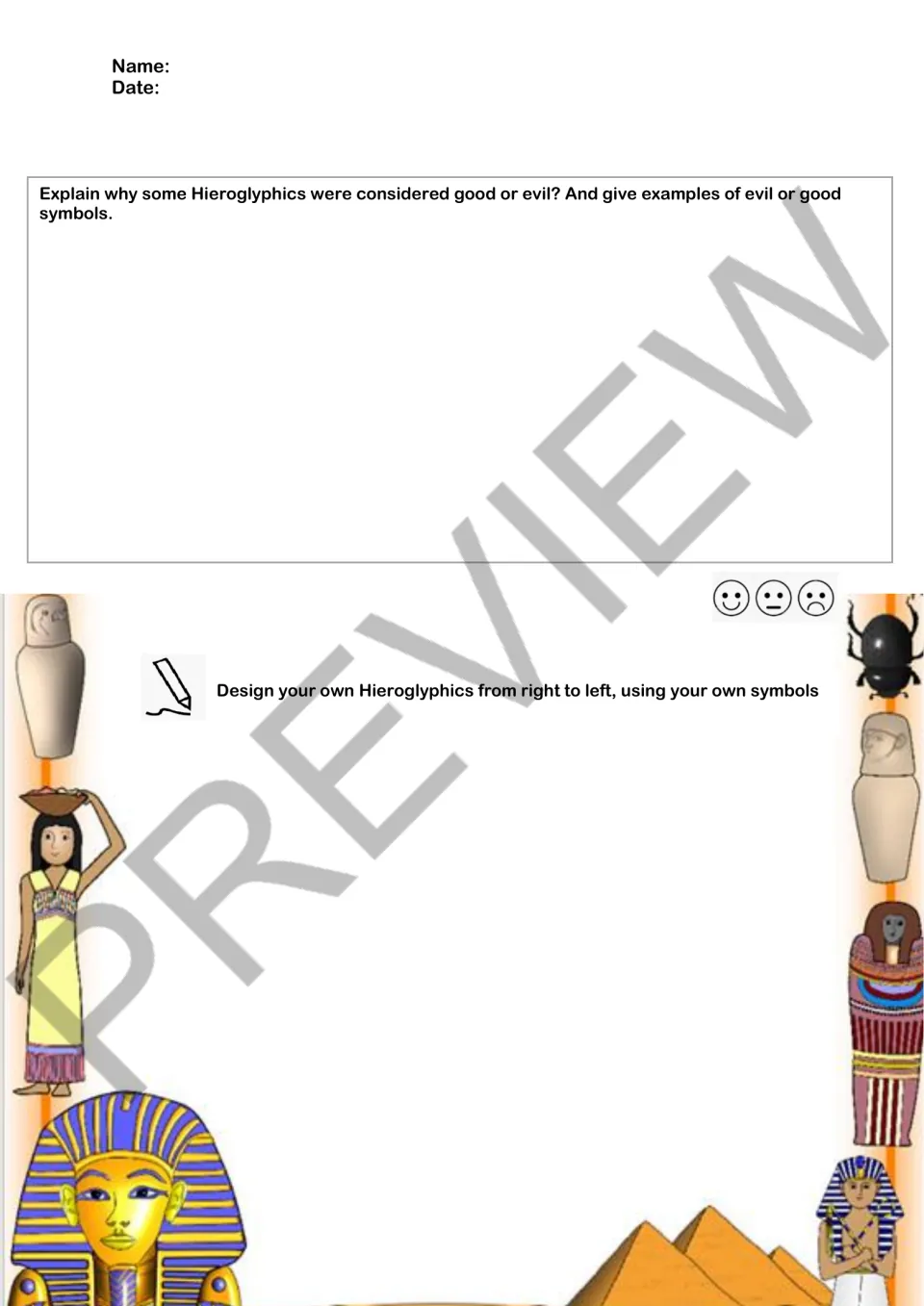 Final comprehension question on good and evil hieroglyphs, plus a task to design symbols from right to left