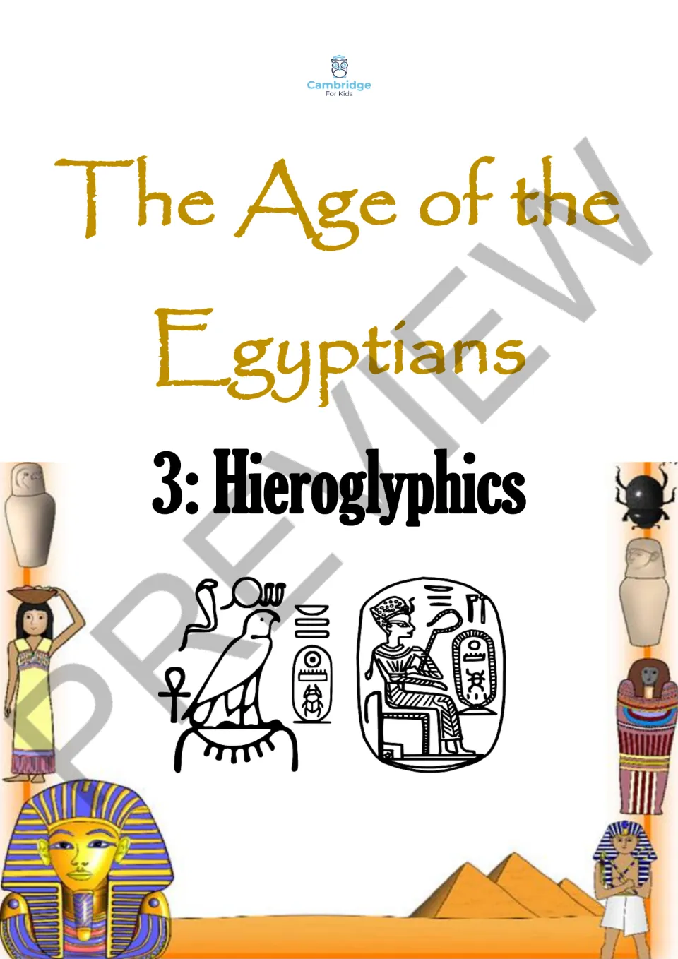 Reading booklet cover labeled '3: Hieroglyphics,' introducing the Egyptian writing topic for the audiobook