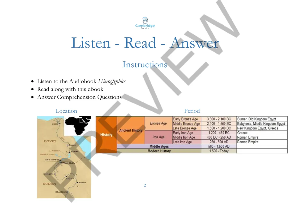 Reading booklet instructions to listen, read along, and answer questions, with an Egypt map and timeline