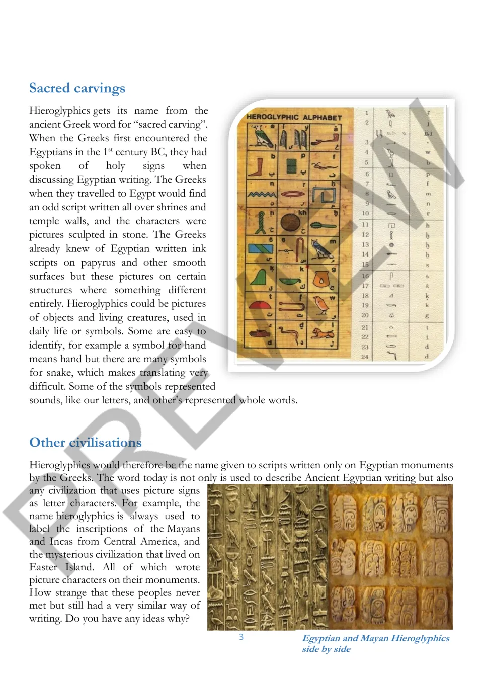 Reading passage on 'Sacred carvings' and 'Other civilisations,' with Egyptian and Mayan writing examples
