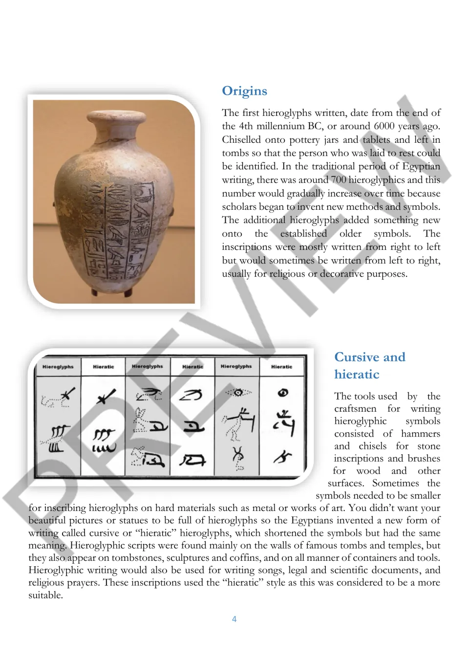 Reading passage on hieroglyphic origins, writing tools, and hieratic script, with a symbol comparison chart