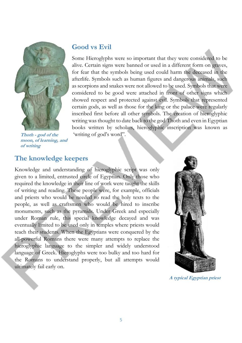 Reading passage on good and evil hieroglyphs and knowledge keepers, with images of Thoth and an Egyptian priest