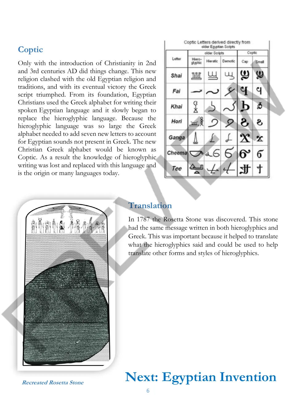Final reading passage on Coptic writing and hieroglyphic translation, with a letter chart and Rosetta Stone