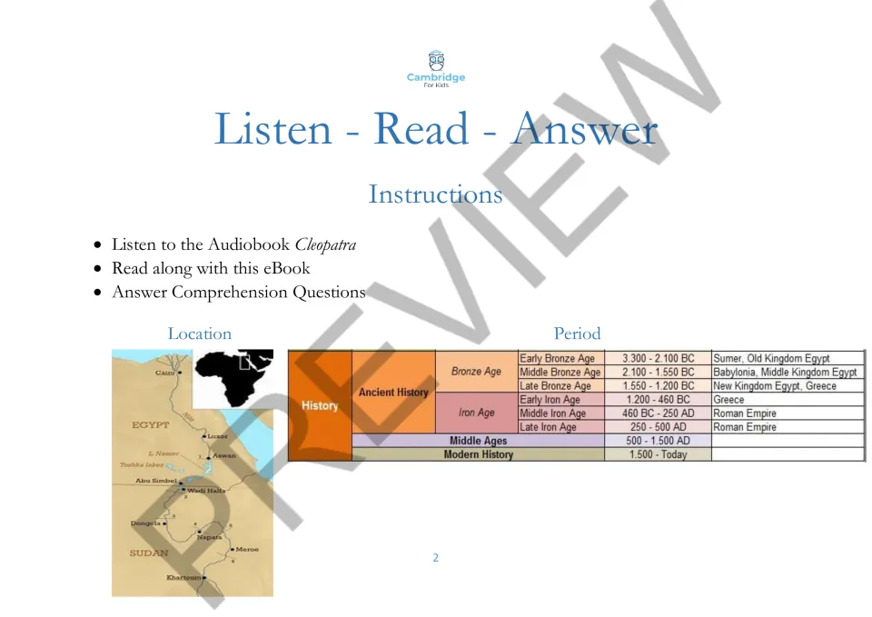 Listening instructions direct students to hear Cleopatra, read along, and answer comprehension questions.