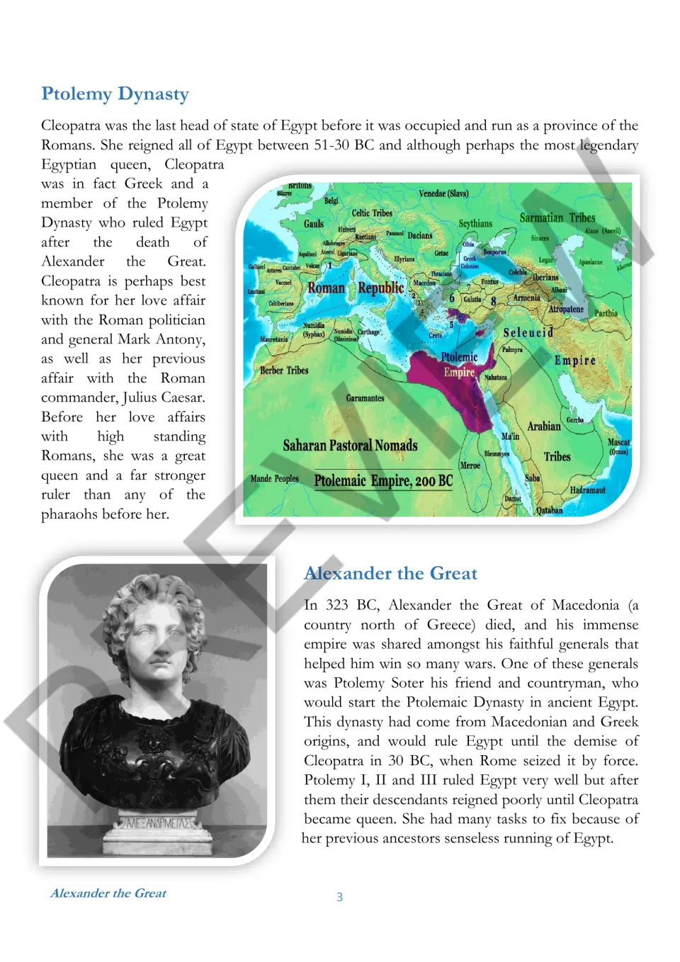 Opening reading page covers Cleopatra's Greek ancestry, the Ptolemy Dynasty, and Alexander the Great.
