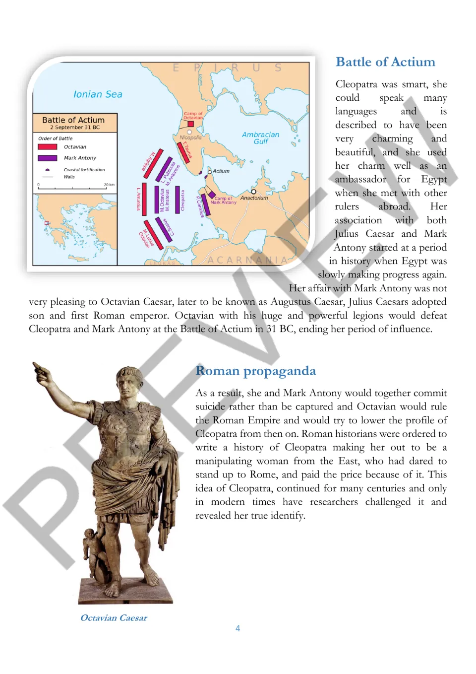 Second reading page explains the Battle of Actium and Roman propaganda about Cleopatra after her defeat.