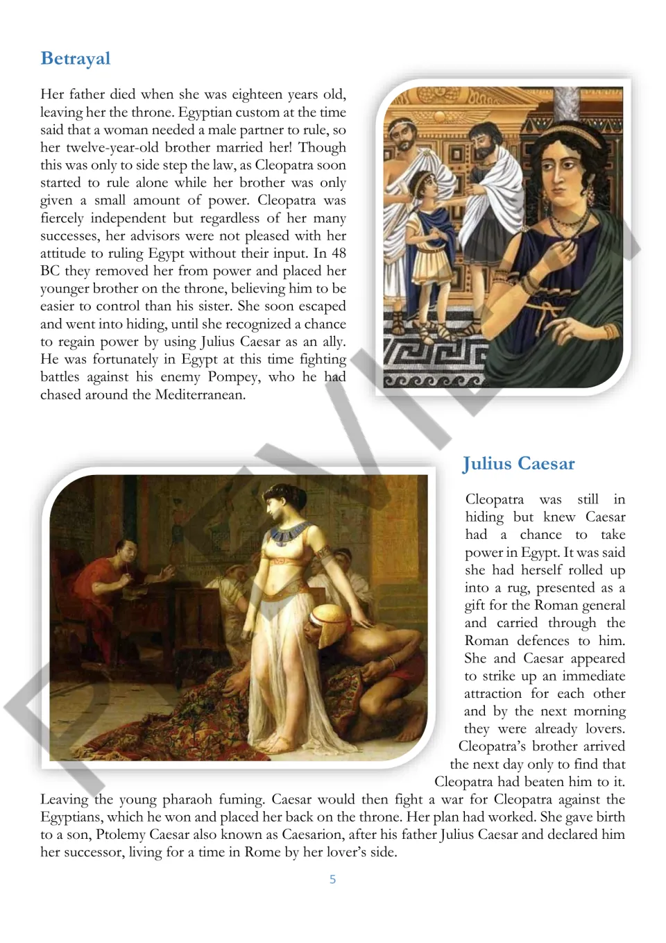 Third reading page recounts Cleopatra's removal from power, meeting with Julius Caesar, and return to rule.