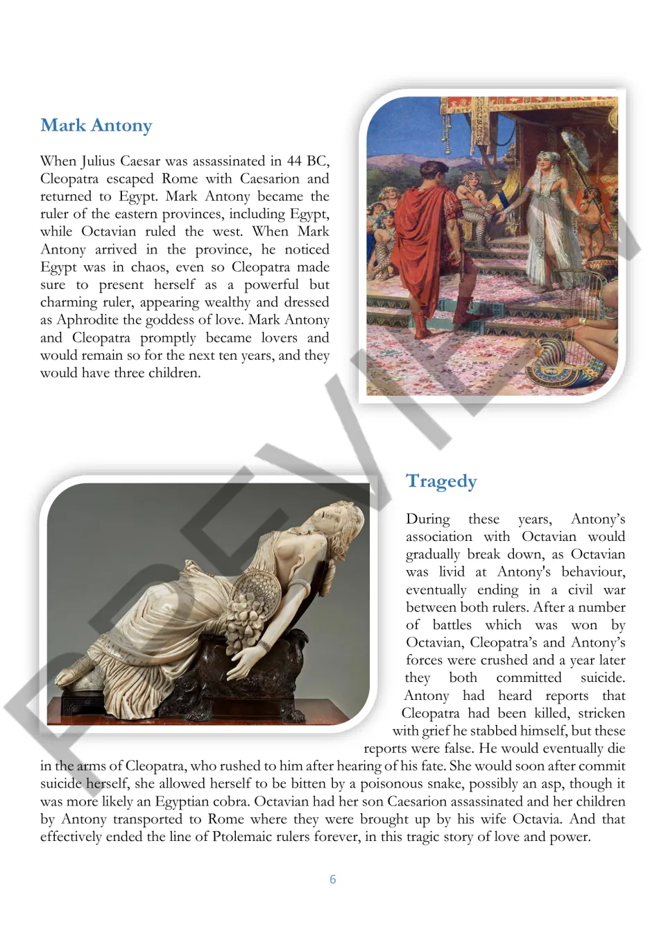 Fourth reading page describes Cleopatra's relationship with Mark Antony, war with Octavian, and their deaths.