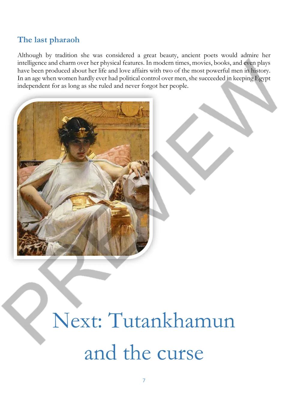Final reading page discusses Cleopatra's intelligence, charm, legacy, and efforts to keep Egypt independent.
