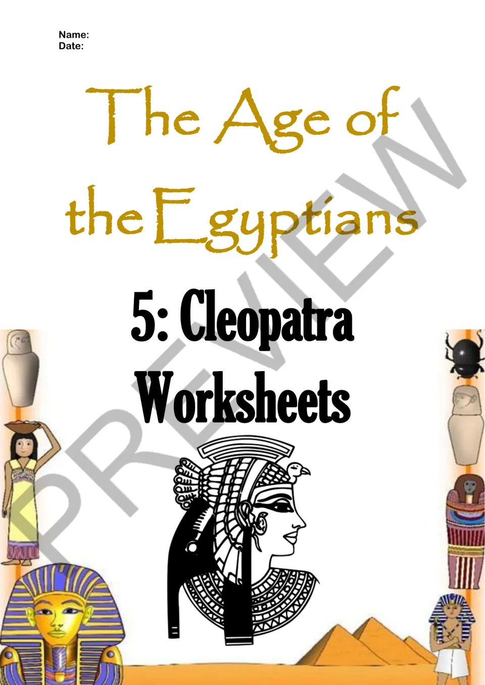 Cleopatra worksheet section cover labels episode 5 and provides spaces for the student's name and date.