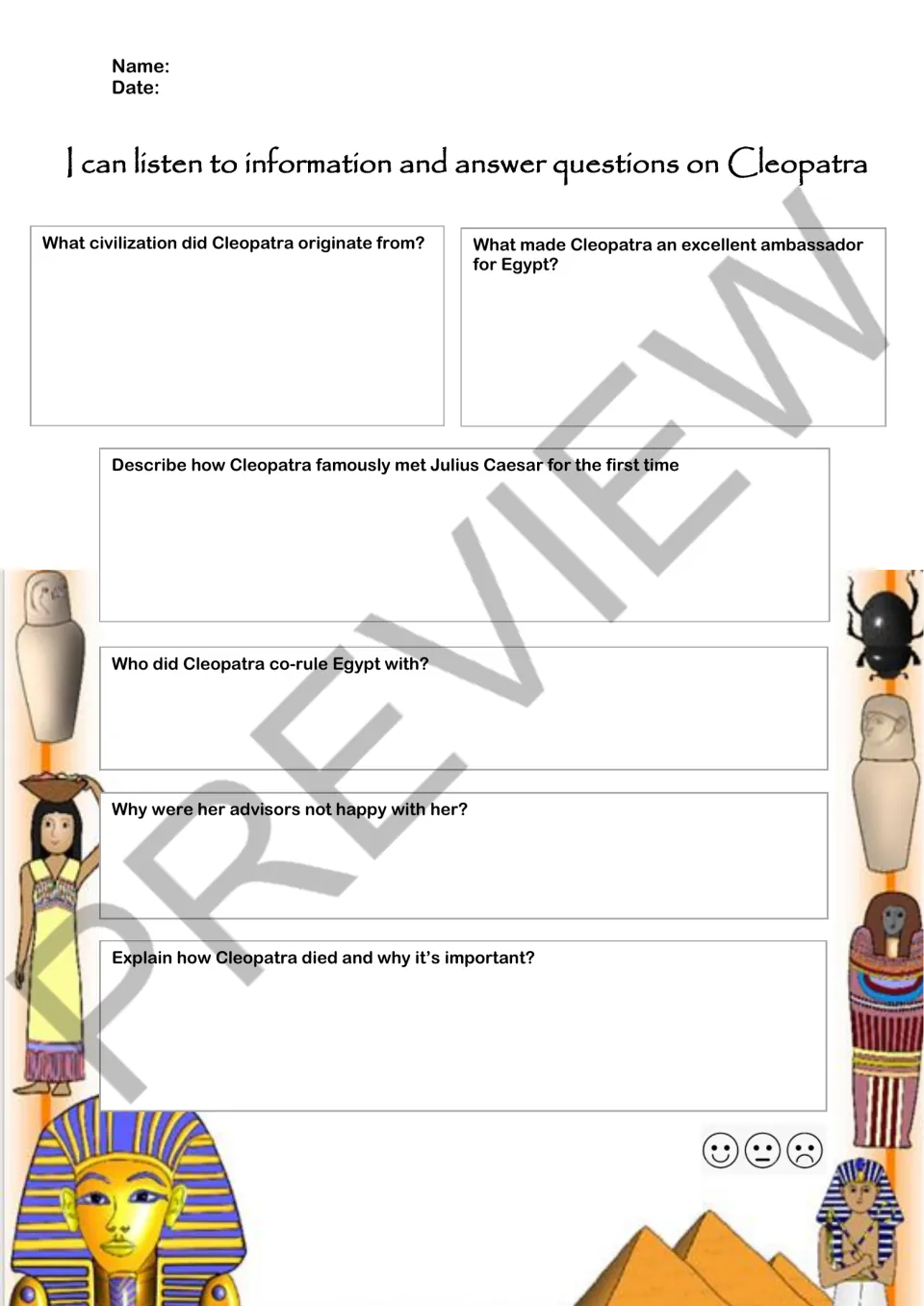 First worksheet asks six questions about Cleopatra's origins, diplomacy, Caesar, co-rule, advisors, and death.