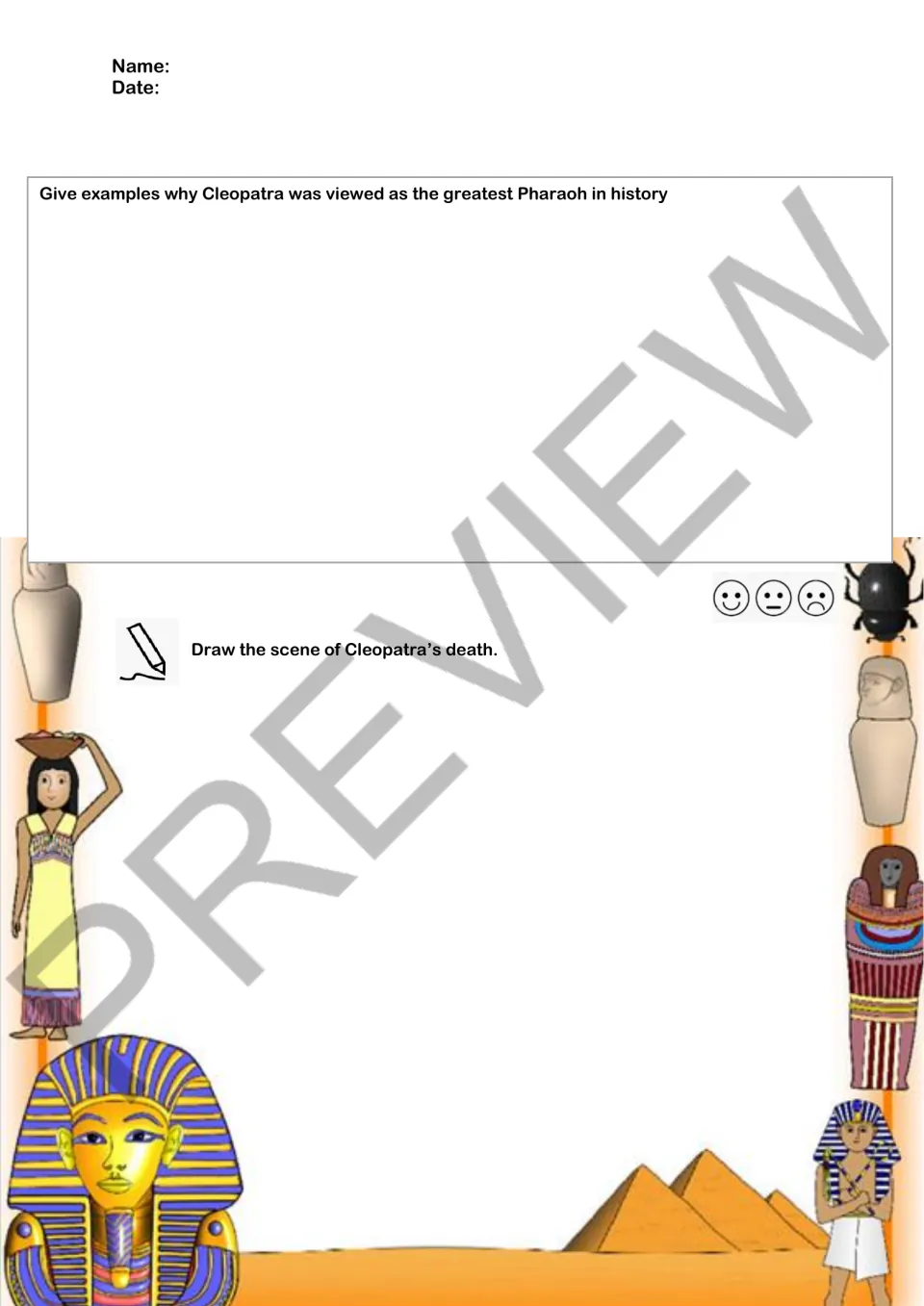Final worksheet asks why Cleopatra was viewed as the greatest pharaoh and requests a drawing of her death.