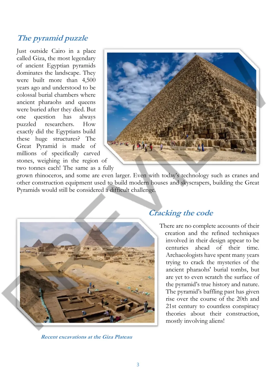 Reading part 1: The pyramid puzzle and Cracking the code introduce stone sizes and construction mysteries.