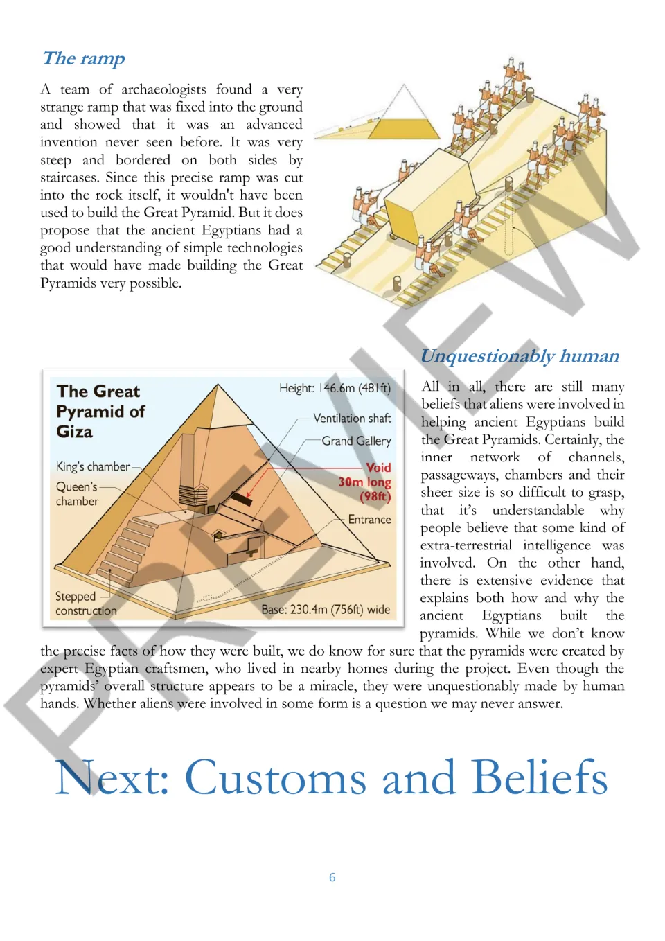 Reading part 4: The ramp and Unquestionably human explain Egyptian building skills beside a pyramid cutaway.
