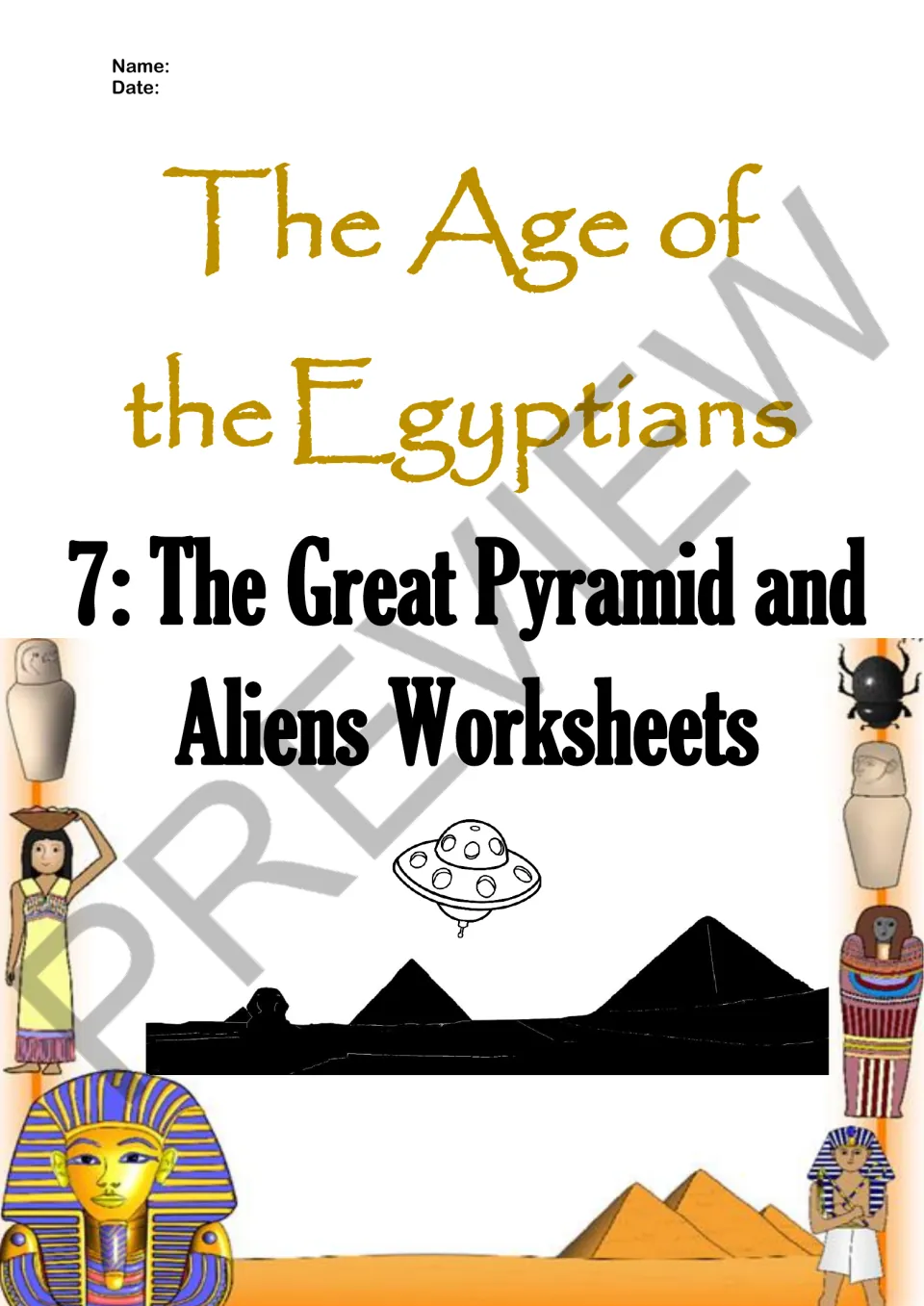 Worksheet section cover for episode 7 on the Great Pyramid and aliens, with spaces for a student’s name and date.