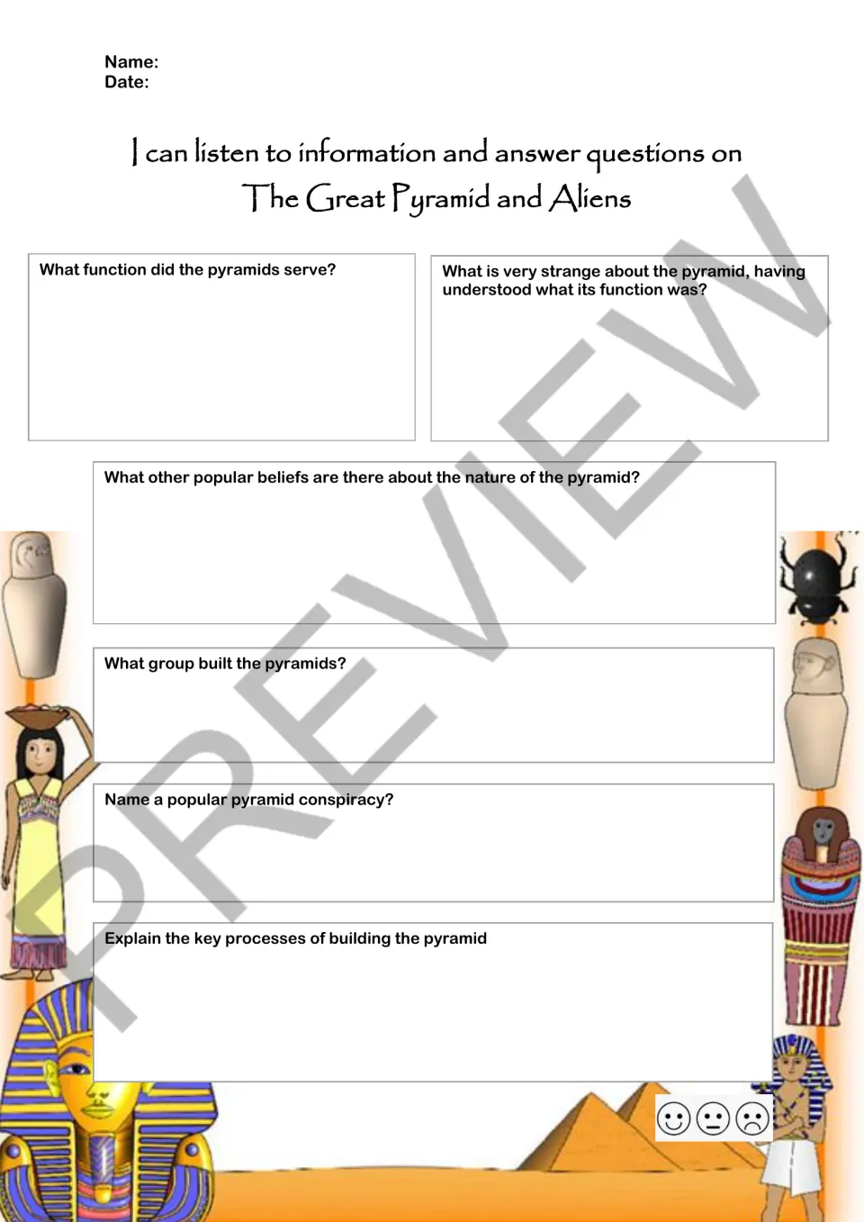 Six comprehension questions ask about pyramid purposes, missing mummies, beliefs, builders and construction.