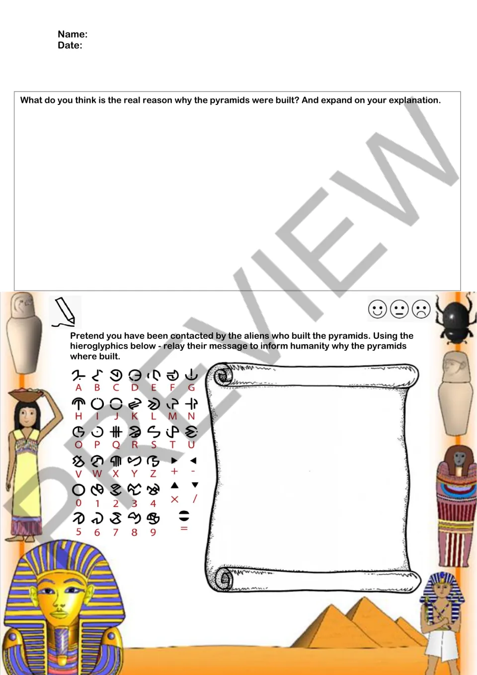 Follow-up tasks ask why pyramids were built and invite a fictional alien message using the supplied symbol code.