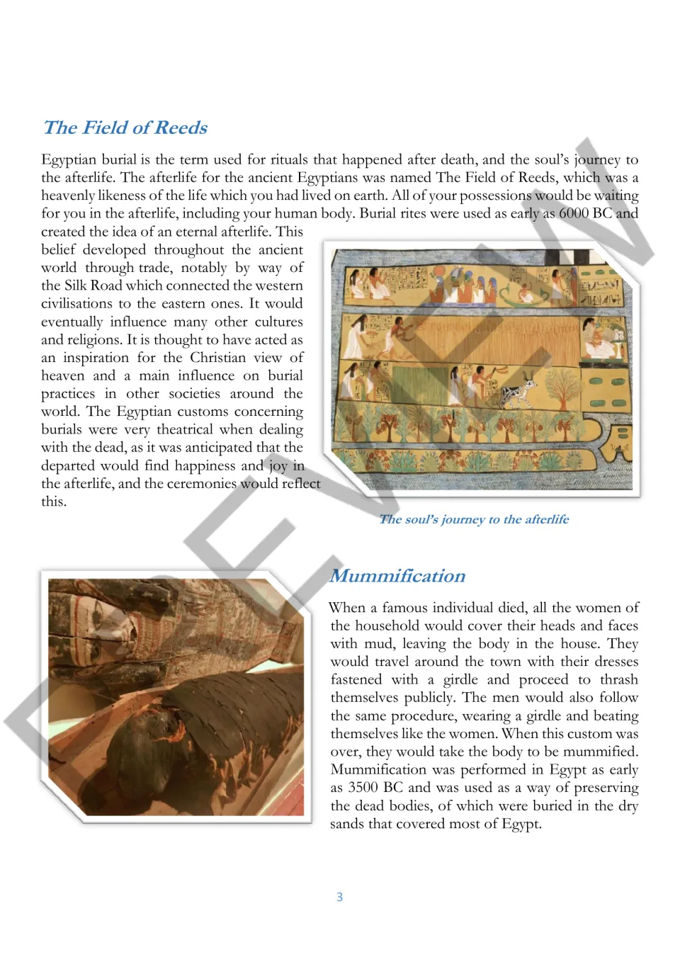 Reading section on the Field of Reeds afterlife, mourning customs, and mummification to preserve bodies