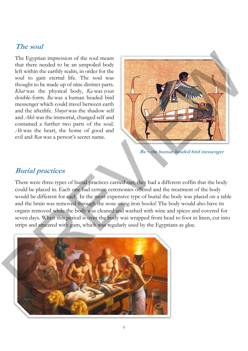 Reading section on parts of the Egyptian soul and three burial types, detailing the most expensive method