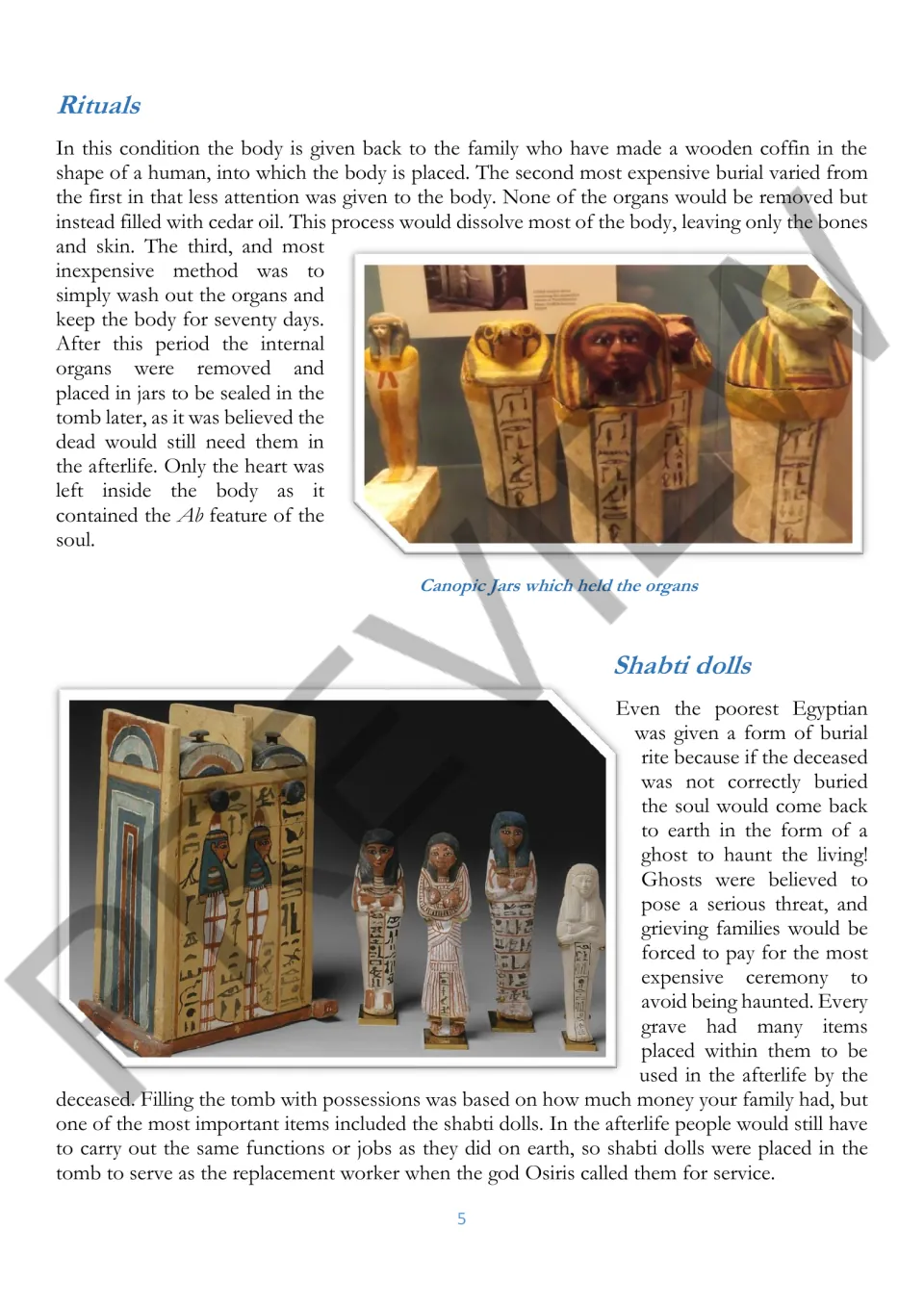 Reading section on burial rituals, canopic jars for organs, and shabti dolls as replacement afterlife workers
