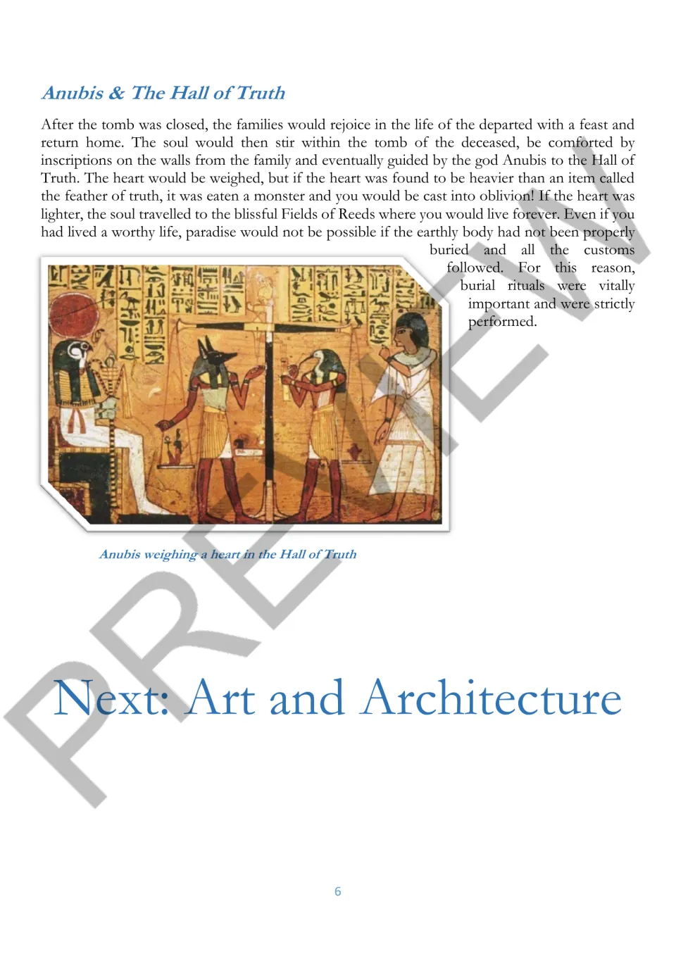 Final reading section on Anubis guiding the soul to the Hall of Truth and weighing the heart against a feather