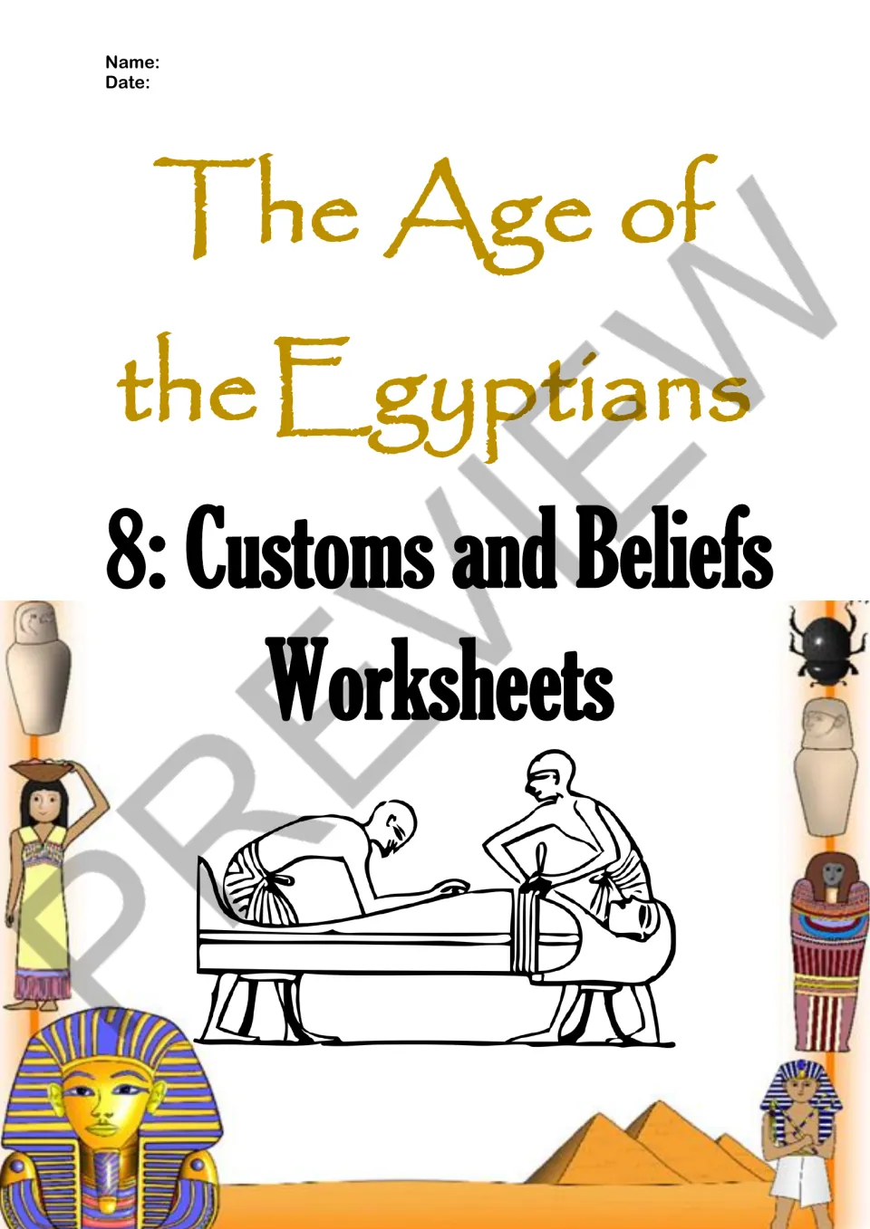 Worksheet cover for episode 8, Customs and Beliefs, marking the start of the Egyptian comprehension section